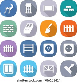 flat vector icon set - greate wall vector, building, fence, block, brick, construction, rack, power socket, switch, farm, scraper