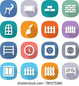 flat vector icon set - greate wall vector, fence, block, brick, arch window, construction, rack, watch, power socket, switch, farm