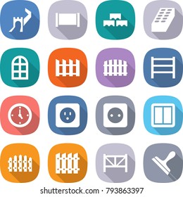 flat vector icon set - greate wall vector, fence, block, brick, arch window, rack, watch, power socket, switch, farm, scraper