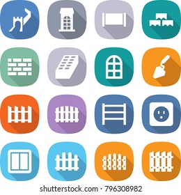 flat vector icon set - greate wall vector, building, fence, block, brick, arch window, construction, rack, power socket, switch