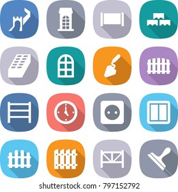 flat vector icon set - greate wall vector, building, fence, block, brick, arch window, construction, rack, watch, power socket, switch, farm, scraper