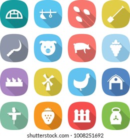 flat vector icon set - greenhouse vector, plow, seeds, shovel, sickle, pig, grape, seedling, windmill, chicken, barn, scarecrow, strawberry, grain elevator, fertilizer