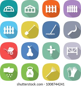 flat vector icon set - greenhouse vector, fence, shovel, rake, sickle, wheelbarrow, pear, scarecrow, farm, sow, fertilizer, gloves