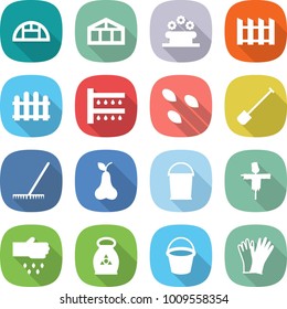 flat vector icon set - greenhouse vector, flower bed, fence, watering, seeds, shovel, rake, pear, bucket, scarecrow, sow, fertilizer, gloves