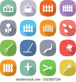 flat vector icon set - greenhouse vector, flower bed, fence, perishable, seeds, fork, rake, sickle, wheelbarrow, scarecrow, pruner