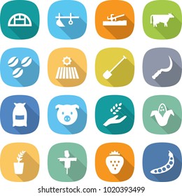 flat vector icon set - greenhouse vector, plow, soil cutter, cow, coffee seeds, field, shovel, sickle, flour, pig, harvest, corn, seedling, scarecrow, strawberry, peas