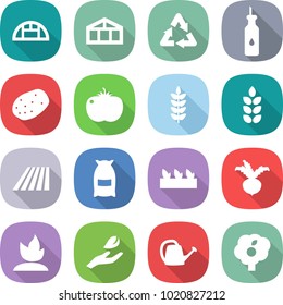 flat vector icon set - greenhouse vector, recycle, vegetable oil, potato, tomato, spike, field, flour, seedling, beet, sprouting, hand leaf, watering can, garden