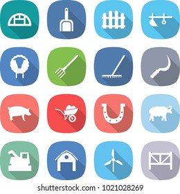 flat vector icon set - greenhouse vector, scoop, fence, plow, sheep, fork, rake, sickle, pig, wheelbarrow, horseshoe, harvester, barn, windmill, farm