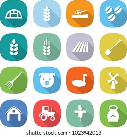 flat vector icon set - greenhouse vector, spike, soil cutter, coffee seeds, field, shovel, fork, pig, goose, windmill, barn, tractor, scarecrow, fertilizer