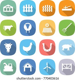 flat vector icon set - greenhouse vector, fence, soil cutter, cow, sheep, field, fork, chicken, horseshoe, harvester, barn, windmill, farm