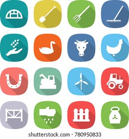 flat vector icon set - greenhouse vector, shovel, fork, rake, harvest, goose, cow, chicken, horseshoe, harvester, windmill, tractor, farm fence, sow, grain elevator, fertilizer