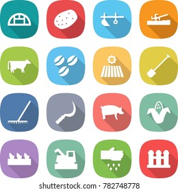 flat vector icon set - greenhouse vector, potato, plow, soil cutter, cow, coffee seeds, field, shovel, rake, sickle, pig, corn, seedling, harvester, sow, grain elevator