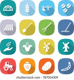 flat vector icon set - greenhouse vector, spike, plow, coffee seeds, field, shovel, fork, rake, harvest, corn, windmill, tractor, strawberry, potato, peas