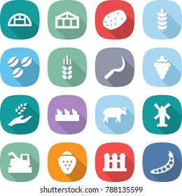 flat vector icon set - greenhouse vector, potato, spike, coffee seeds, sickle, grape, harvest, seedling, sheep, windmill, harvester, strawberry, grain elevator, peas