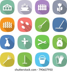 flat vector icon set - greenhouse vector, flower bed, fence, perishable, seeds, fork, rake, pear, scarecrow, pruner, fertilizer, bucket, gloves