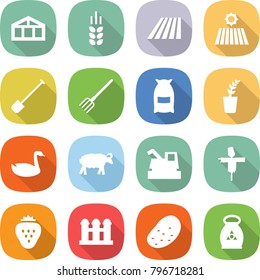 flat vector icon set - greenhouse vector, spike, field, shovel, fork, flour, seedling, goose, sheep, harvester, scarecrow, strawberry, grain elevator, potato, fertilizer