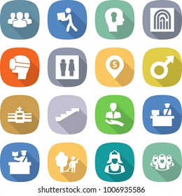 flat vector icon set - group vector, courier, bulb head, fingerprint, virtual mask, wc, dollar pin, male sign, hospital, stairs, client, customs control, inspector, garden cleaning, cleaner