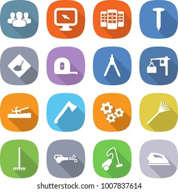 flat vector icon set - group vector, monitor arrow, server, nail, under construction, measuring tape, drawing compasses, loading, soil cutter, axe, gears, rake, blower, vacuum cleaner, iron