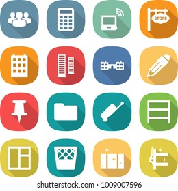 flat vector icon set - group vector, calculator, notebook wireless, store signboard, building, skyscrapers, school, pencil, pin, documents, suitcase, rack, window, trash bin, clean, cleaning