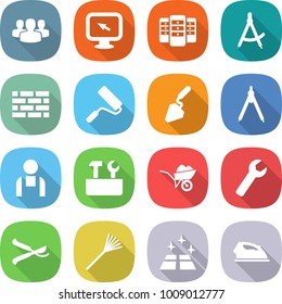 flat vector icon set - group vector, monitor arrow, server, draw compass, brick wall, repair, construction, drawing compasses, workman, tools, wheelbarrow, wrench, pruner, rake, clean floor, iron