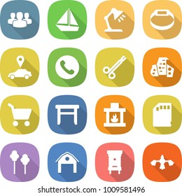flat vector icon set - group vector, boat, table lamp, smart bracelet, car pointer, phone, surgical clamp, modern architecture, cart, stool, fireplace, sd card, trees, barn, hive