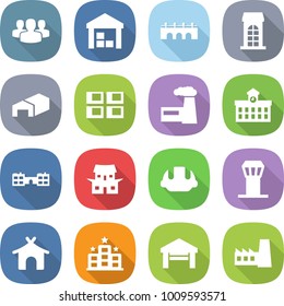 flat vector icon set - group vector, warehouse, bridge, building, panel house, factory, university, school, japanese, helmet, airport tower, bungalow, hotel, garage