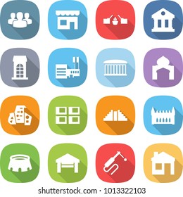 flat vector icon set - group vector, shop, drawbridge, library, building, mall, airport, minaret, modern architecture, panel house, pyramid, gothic, stadium, garage, welding