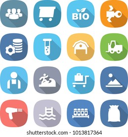 flat vector icon set - group vector, delivery, bio, satellite, virtual mining, vial, barn, fork loader, workman, surfer, baggage trolley, landscape, hair dryer, pool, spices, flour