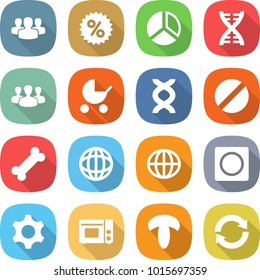 flat vector icon set - group vector, percent, diagram, dna, baby stroller, pill, bone, globe, ring button, gear, grill oven, mushroom, reload