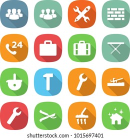flat vector icon set - group vector, pencil wrench, brick wall, phone 24, suitcase, iron board, ladle, hammer, soil cutter, pruner, vacuum cleaner, house cleaning