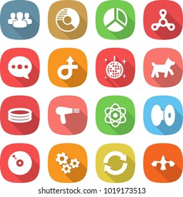 flat vector icon set - group vector, circle diagram, spinner, balloon, trip, disco ball, dog, inflatable pool, hair dryer, atom, coil, cd, gears, reload, hard reach place cleaning