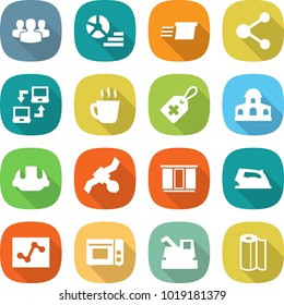 flat vector icon set - group vector, diagram, delivery, molecule, notebook connect, hot drink, medical label, mansion, building helmet, satellite, wardrobe, iron, analytics, grill oven, harvester