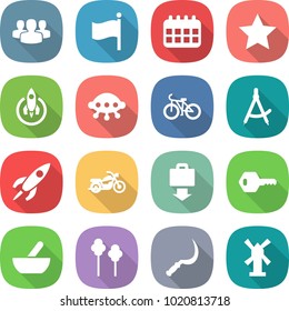 flat vector icon set - group vector, flag, calendar, star, rocket, ufo, bike, draw compass, motorcycle, baggage get, key, mortar, trees, sickle, windmill