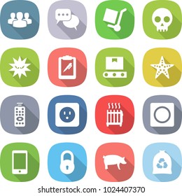 flat vector icon set - group vector, discussion, cargo stoller, skull, virus, clipboard pen, transporter tape, starfish, remote control, power socket, radiator, ring button, phone, lock, pig