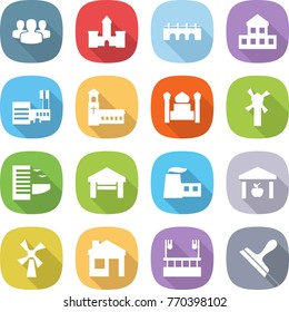 flat vector icon set - group vector, castle, bridge, cottage, mall, church, minaret, windmill, hotel, garage, factory, warehouse, house, skysrcapers cleaning, scraper