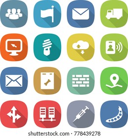 flat vector icon set - group vector, flag, mail, truck, monitor arrow, bulb, cloud service, pass card, roentgen, brick wall, geo pin, route, server, syringe, peas