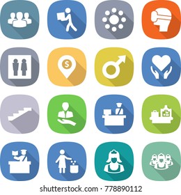 flat vector icon set - group vector, courier, round around, virtual mask, wc, dollar pin, male sign, health care, stairs, client, customs control, baggage checking, inspector, garbage bin, cleaner