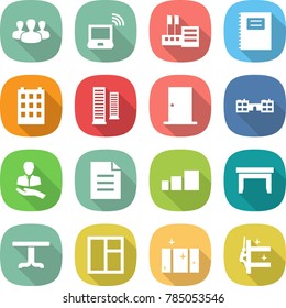 flat vector icon set - group vector, notebook wireless, store, copybook, building, skyscrapers, door, school, client, document, sorting, table, window, clean, cleaning