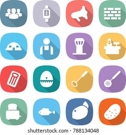 flat vector icon set - group vector, smart watch, megafon, brick wall, dome house, workman, airport tower, reception, inflatable mattress, egg timer, whisk, skimmer, toaster, fish, lemon, potato