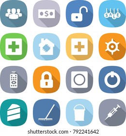 flat vector icon set - group vector, money, unlock, sale, medical cross, smart house, first aid, handwheel, remote control, locked, ring button, on off, cake, rake, bucket, syringe