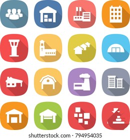 flat vector icon set - group vector, warehouse, store, building, airport tower, church, houses, hangare, house with garage, barn, factory, district, blocks, press