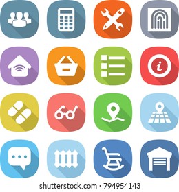 flat vector icon set - group vector, calculator, pencil wrench, fingerprint, wireless home, remove from basket, list, info, pill, pacemaker, geo pin, map, sms, radiator, rocking chair, garage