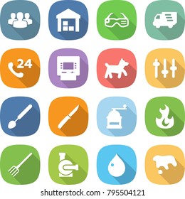 flat vector icon set - group vector, warehouse, smart glasses, delivery, phone 24, atm, dog, setup, big spoon, knife, hand mill, fire, fork, water pump, drop, spot