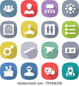 flat vector icon set - group vector, woman, structure, round around, fingerprint, car pointer, wc, list, male sign, stairs, deltaplane, check in, inspector, vr helmet, home call cleaning, cleaner