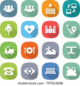 flat vector icon set - group vector, sun power, notebook connect, jet robot, pacemaker, palace, route, fork loader, cafe, surfer, table, phone, spices, harvester