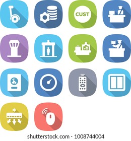 flat vector icon set - gyroscooter vector, virtual mining, customs, control, airport tower, detector, baggage checking, inspector, passport, barometer, remote, power switch, air conditioning