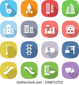 flat vector icon set - gyroscooter vector, hoverboard, skyscrapers, skyscraper, building, district, city, house, outdoor light, traffic, scooter shipping, loading, escalator, hotel, sweeper
