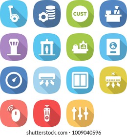 flat vector icon set - gyroscooter vector, virtual mining, customs, control, airport tower, detector, baggage checking, passport, barometer, air conditioning, power switch, wireless mouse, remote