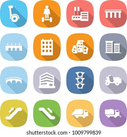 flat vector icon set - gyroscooter vector, hoverboard, store, bridge, building, modern architecture, district, office, traffic light, scooter shipping, escalator, trash truck, sweeper