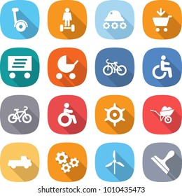 flat vector icon set - gyroscooter vector, hoverboard, lunar rover, add to cart, delivery, baby stroller, bike, disability, invalid, handwheel, wheelbarrow, pickup, gears, windmill, scraper